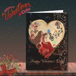 赤いドレスの遊バイオリンの女性 シーズンカード