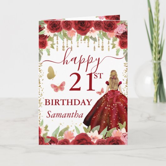 赤いドレスの金髪のプリンセスの誕生日 カード (正面)