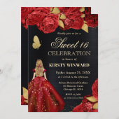 赤いドレスの金髪の女性 花のスイート16招待状 招待状 (正面/裏面)