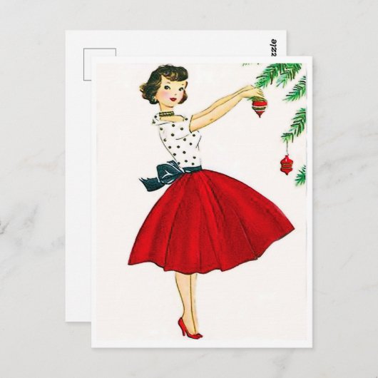 赤いドレスの飾クリスマスツリーの若い女性 ポストカード (正面/裏面)