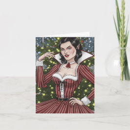 赤いドレスを着たヴァンパイアのレディとストライプクリスマス カード