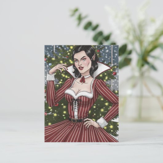 赤いドレスを着たヴァンパイアのレディとストライプクリスマス ポストカード (スタンド正面)