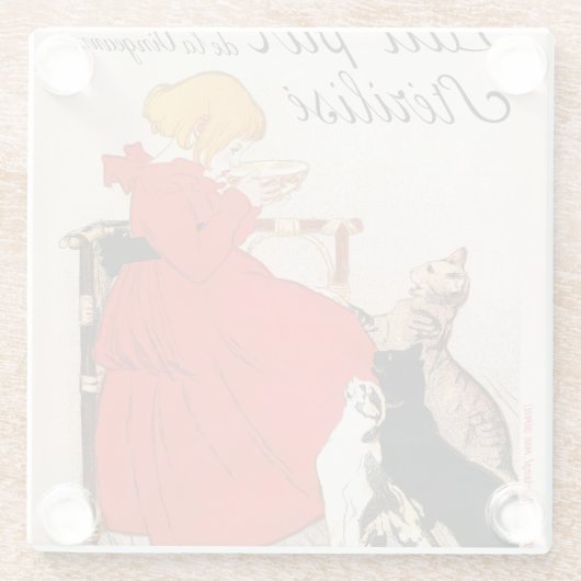 赤いドレスを着た女の子のミルクを飲むステインレンのポスター ガラスコースター (裏面)