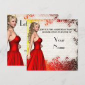赤いドレスを着た女の子の誕生日パーティー 招待状 (正面/裏面)