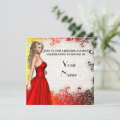 赤いドレスを着た女の子の誕生日パーティー 招待状 (スタンド正面)