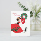 赤いドレスを着た女の子、クリスマスリースと猫 ポストカード (スタンド正面)