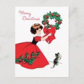 赤いドレスを着た女の子、クリスマスリースと猫 ポストカード (正面)