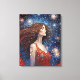 赤いドレスを着た7月の花火女性4日 キャンバスプリント