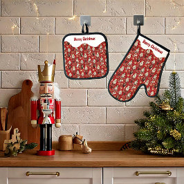 赤いナッツクラッカーのクリスマスパターン 鍋つかみ&鍋敷きセット