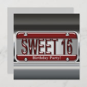 赤いナンバープレートのスイート16パーティー 招待状 (正面/裏面)