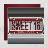 赤いナンバープレートのスイート16パーティー 招待状 (正面/裏面)
