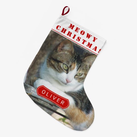 赤いニャークリスマス猫ペットのクリスマスフォト ラージクリスマスストッキング (正面 (吊り時))