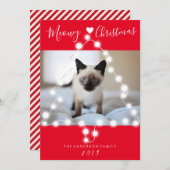 赤いニャークリスマス猫ペットの写真 シーズンカード (正面/裏面)