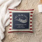 赤いネイビーストライプのブルーボート名 クッション (ブランケット)