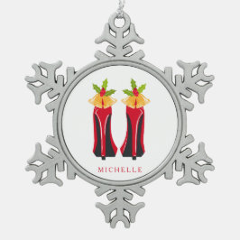 赤いハイヒールとクリスマスベル スノーフレークピューターオーナメント