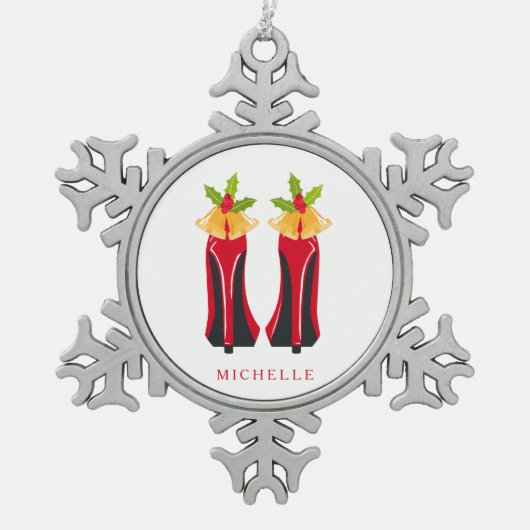 赤いハイヒールとクリスマスベル スノーフレークピューターオーナメント (正面)