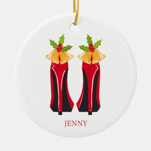 赤いハイヒールとクリスマスベル セラミックオーナメント (正面)
