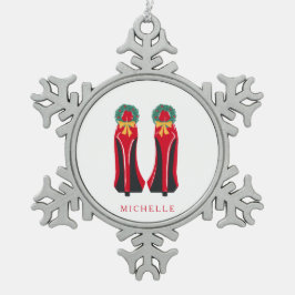 赤いハイヒールとクリスマスリース スノーフレークピューターオーナメント