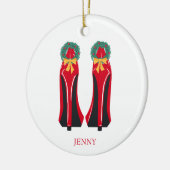 赤いハイヒールとクリスマスリース セラミックオーナメント (左)