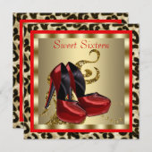 赤いハイヒールとヒョウ柄のスイート16の誕生日 招待状 (正面/裏面)