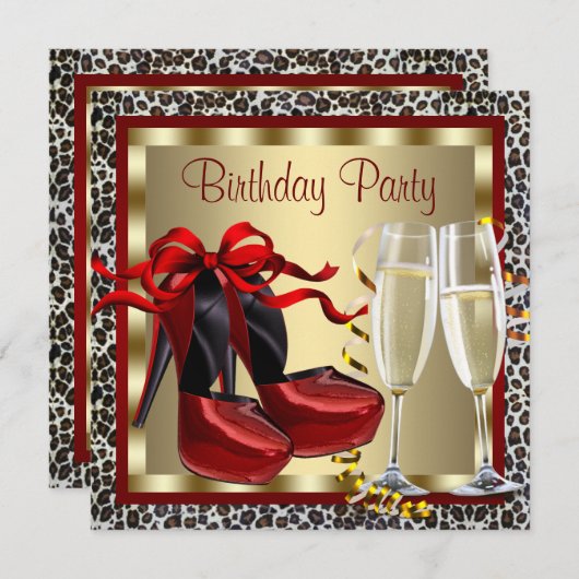 赤いハイヒールとヒョウ柄の誕生日 招待状 (正面/裏面)