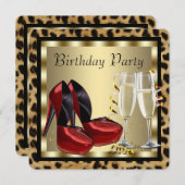 赤いハイヒールとヒョウ柄の誕生日 招待状 (正面/裏面)