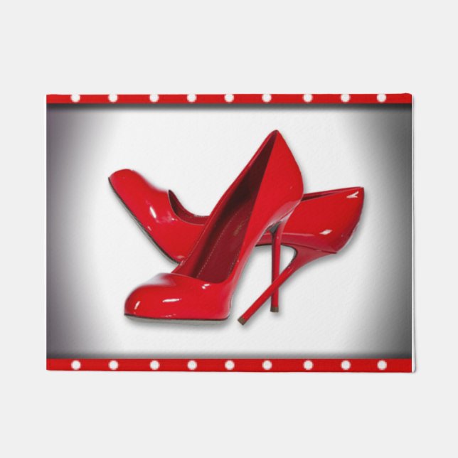 赤いハイヒールの水玉模様パターン ドアマット (正面)