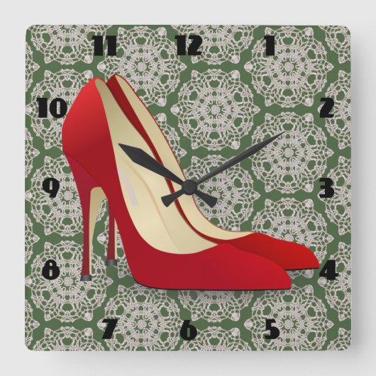 赤いハイヒールは時計に蹄鉄を打ちます スクエア壁時計 (正面)