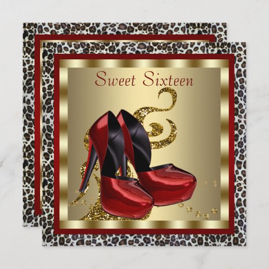 赤いハイヒール靴 レオパード スイート16 誕生日 招待状 (正面/裏面)