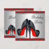 赤いハイヒール靴 赤いシマウマの誕生日パーティー 招待状 (正面/裏面)