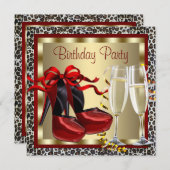 赤いハイヒール靴 赤いヒョウ柄 誕生日 招待状 (正面/裏面)