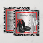 赤いハイヒール 赤いゼブラ コクテイルズ バースデー 招待状 (正面/裏面)