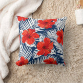 赤いハイビスカスのある熱帯フローラの葉 クッション (ブランケット)