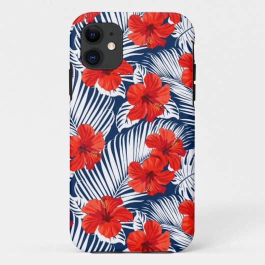 赤いハイビスカスのある熱帯フローラの葉 Case-Mate iPhoneケース (裏面)