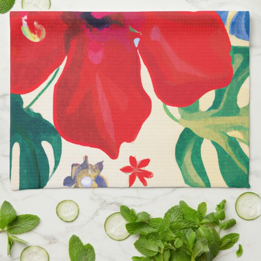 赤いハイビスカスのトロピカルキッチンデコータオル キッチンタオル (折り畳み)