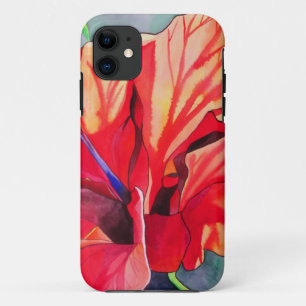 赤いハイビスカスのトロピカルフラワーの水彩画アート iPhone 11 ケース