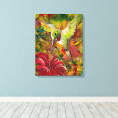 赤いハイビスカスのハミング鳥 キャンバスプリント (インサイチュ (ウッドフロア))