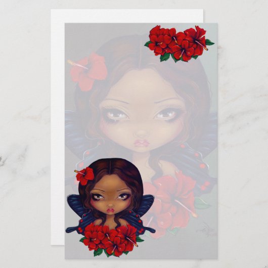 "赤いハイビスカスの妖精"の文房具 便箋 (正面/裏面)