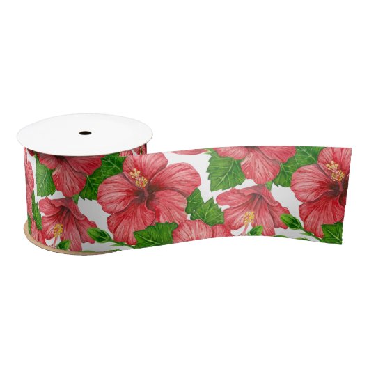 赤いハイビスカスの水の色パターン サテンリボン (リール)