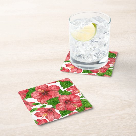 赤いハイビスカスの水の色パターン スクエアペーパーコースター (インサイチュ)