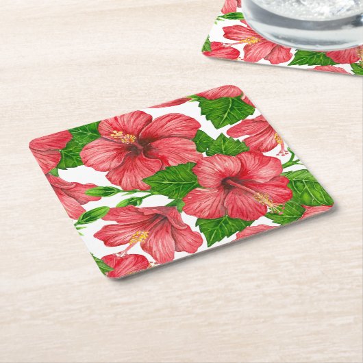 赤いハイビスカスの水の色パターン スクエアペーパーコースター (アングル)