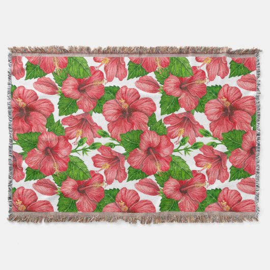 赤いハイビスカスの水の色パターン スローブランケット (正面)