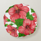 赤いハイビスカスの水の色パターン ラウンドクッション (裏面)