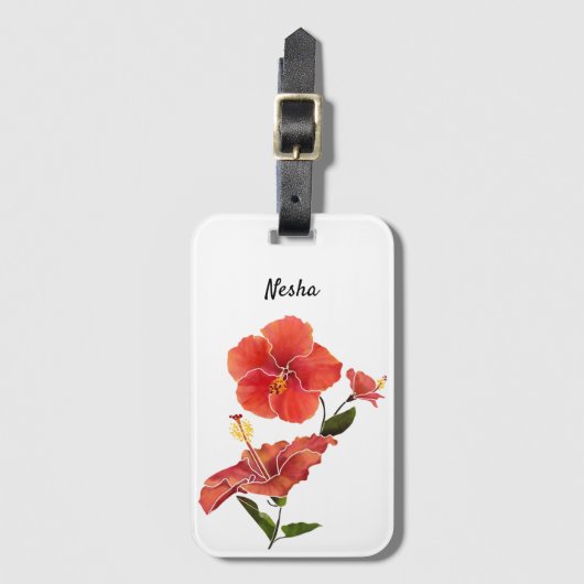 赤いハイビスカスの水彩花 ラゲッジタグ (正面縦)