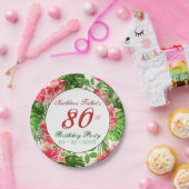赤いハイビスカスの第80誕生会の紙皿 ペーパープレート (パーティー)