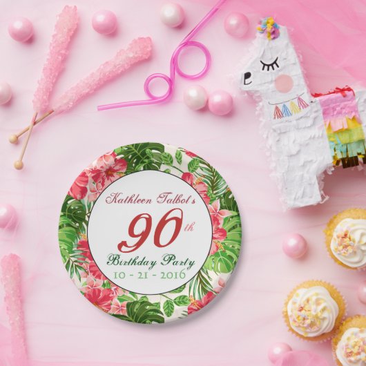 赤いハイビスカスの第90誕生会の紙皿 ペーパープレート (パーティー)