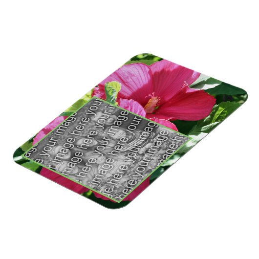 赤いハイビスカスフラワーフレームあなたの写真を追加 マグネット (左側)