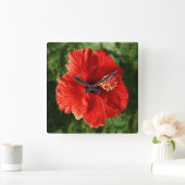 赤いハイビスカス スクエア壁時計 (ホーム)