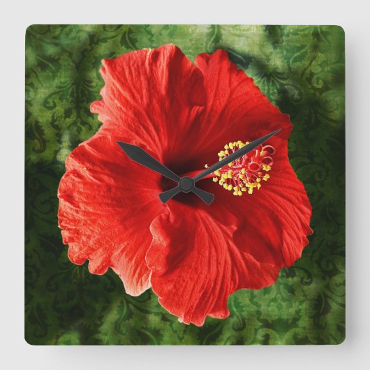 赤いハイビスカス スクエア壁時計 (正面)