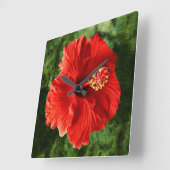 赤いハイビスカス スクエア壁時計 (傾斜)